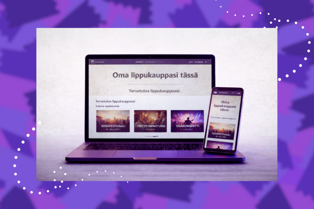 Oma Lippukauppa. kuvituskuva, jossa verkkokauppa tietokone ja puhelin